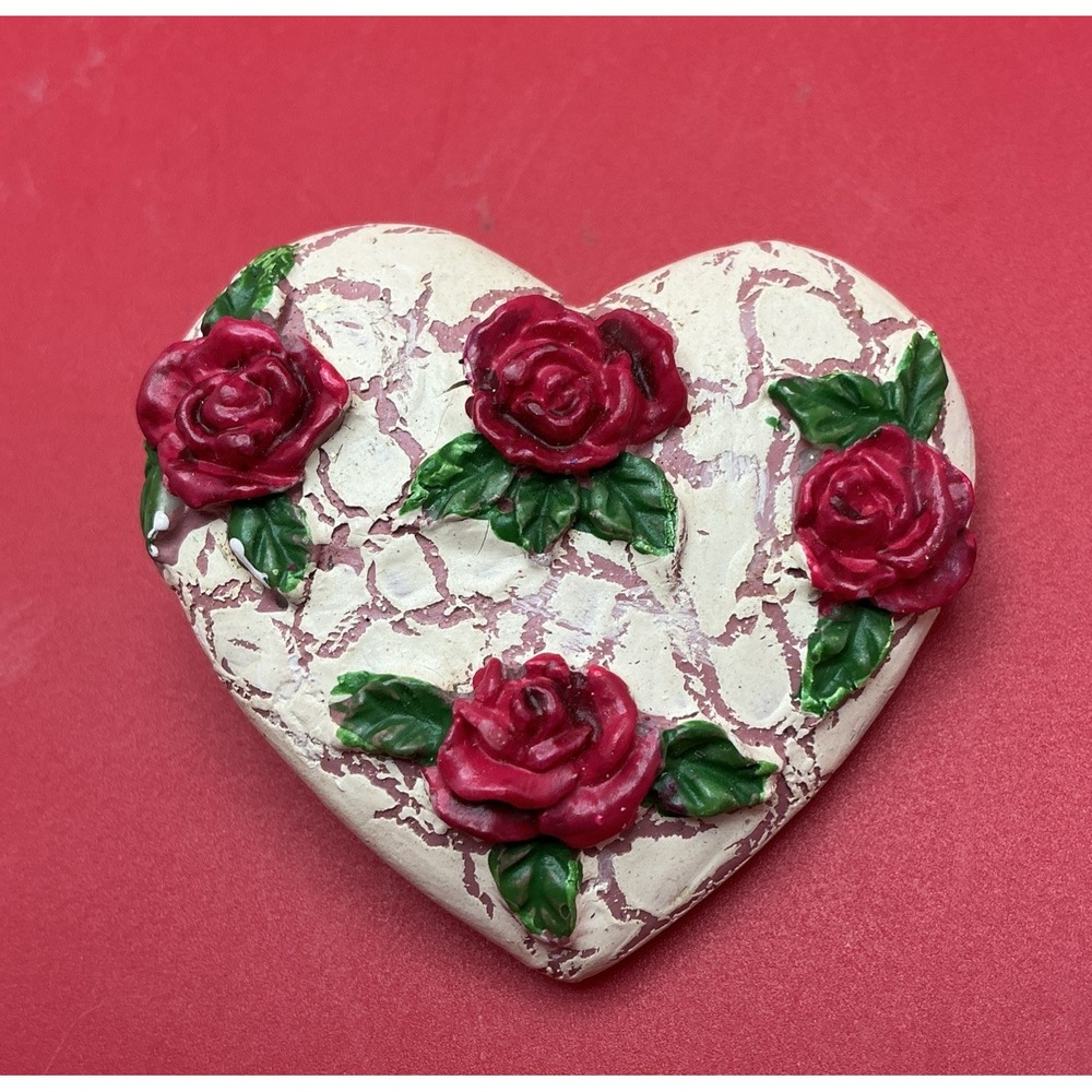 Valentine's Porcelain Heart W/ Red Roses Pin Brooch